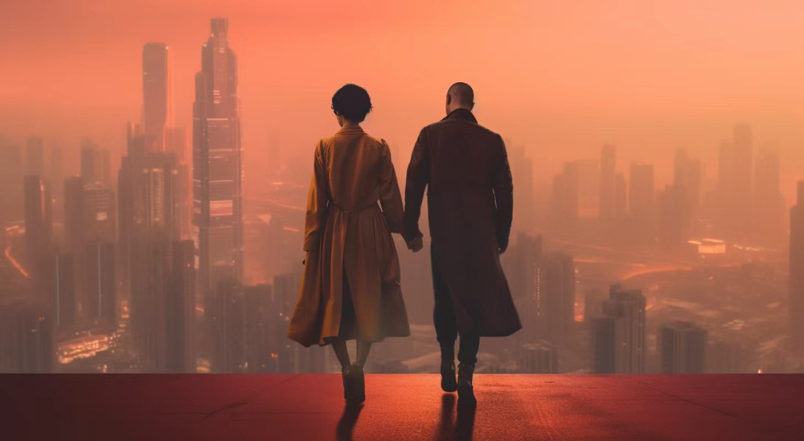 Two characters overlooking a warm futuristic city in MyDreamland